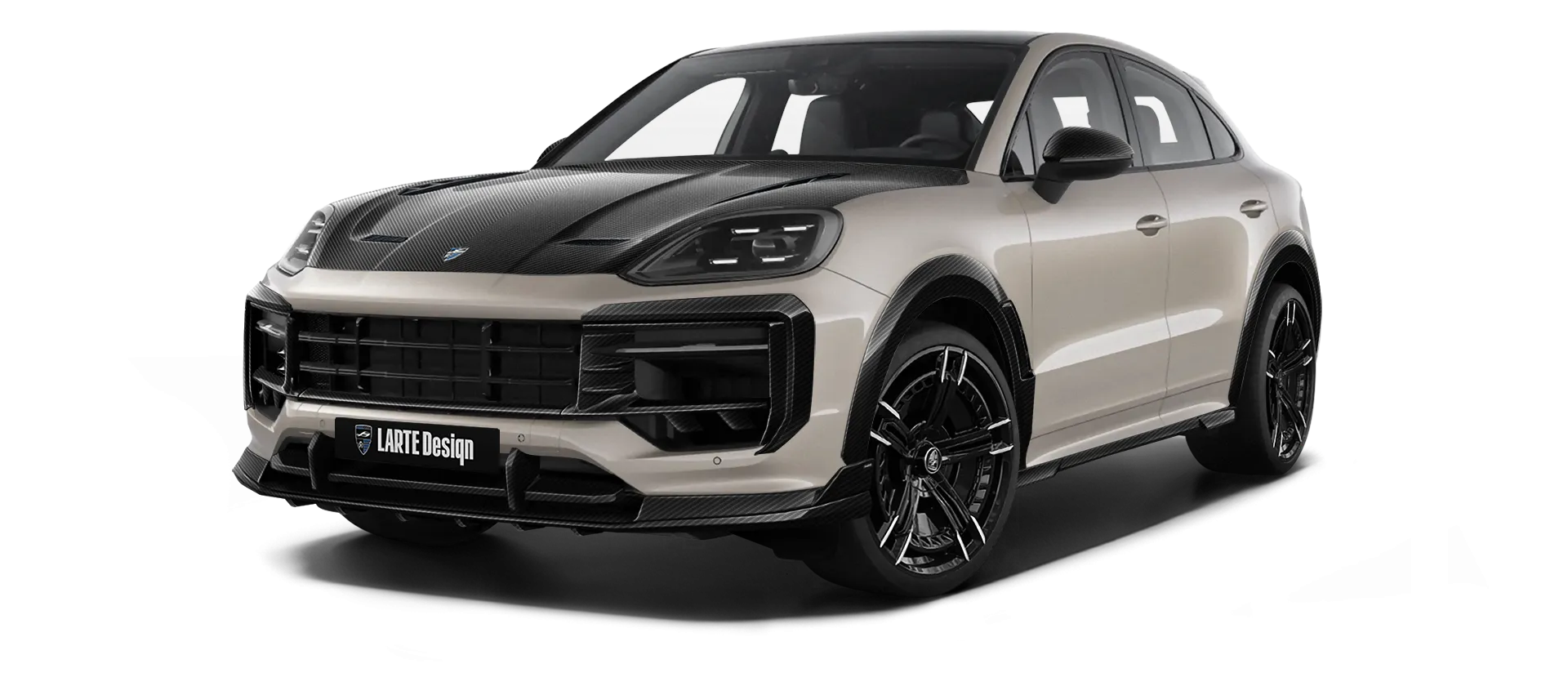 Porsche Cayenne S Coupe with carbon body kit: front view shown in Cashmere Beige