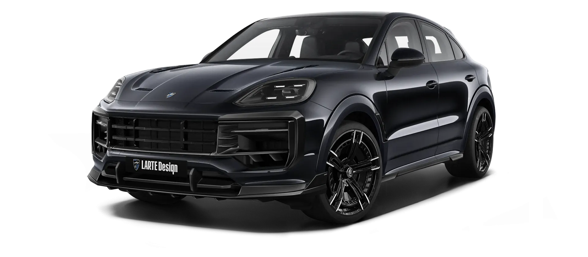 Porsche Cayenne S Coupe with painted body kit: front view shown in Chromite Black