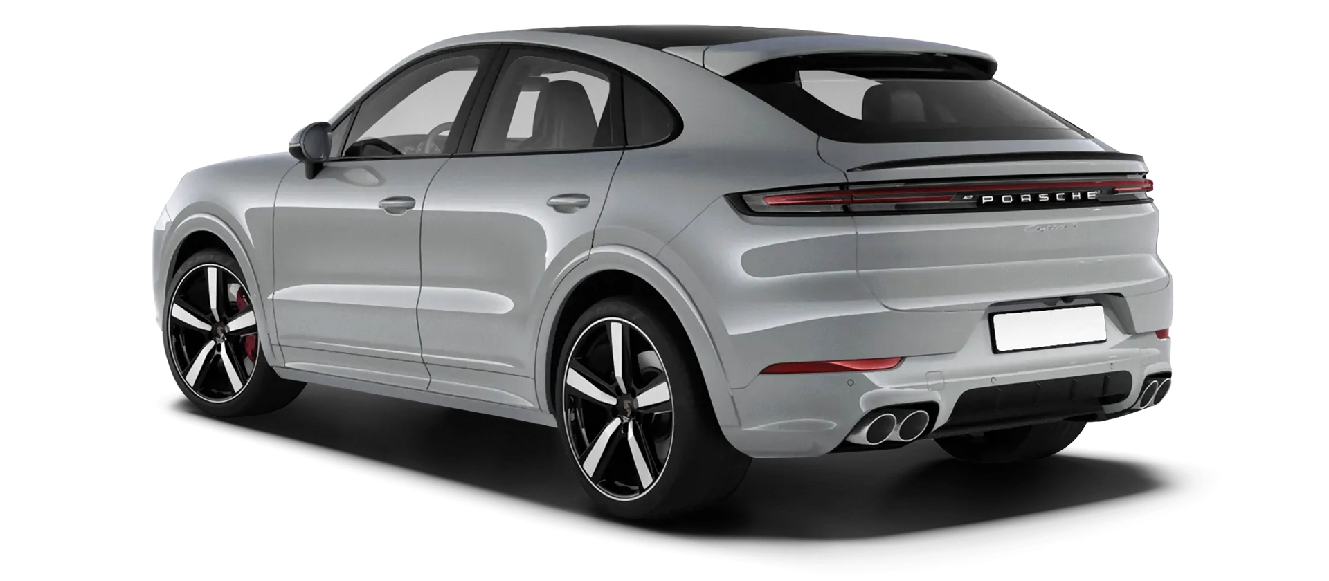 Porsche Cayenne S Coupe stock rear view in Dolomite Silver color