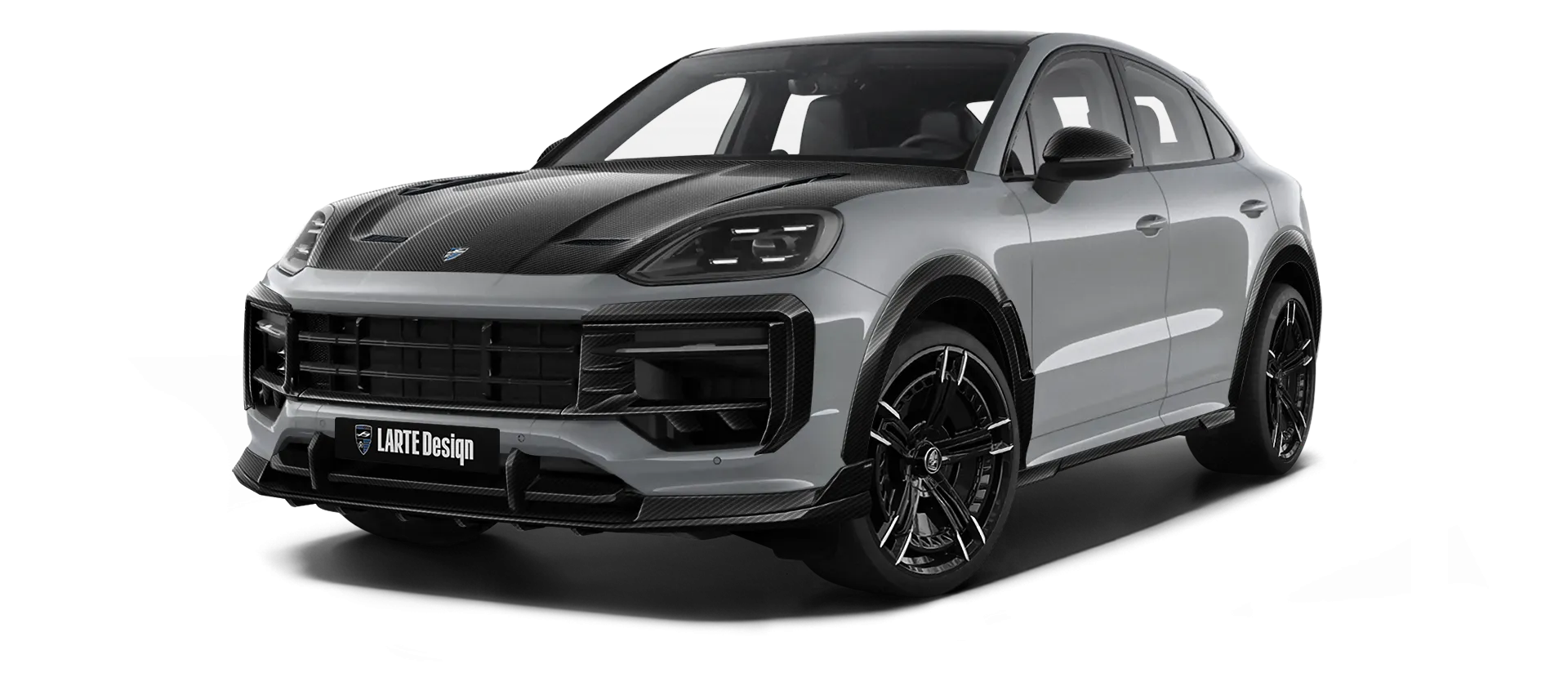 Porsche Cayenne S Coupe with carbon body kit: front view shown in Dolomite Silver
