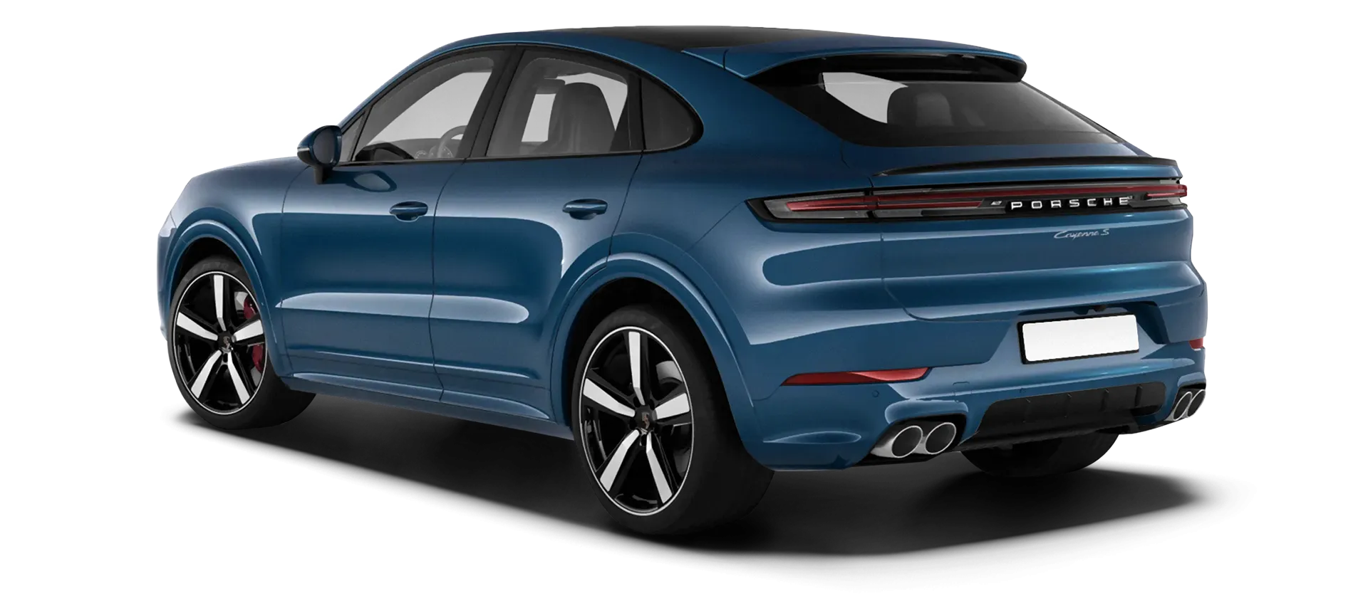 Porsche Cayenne S Coupe stock rear view in Montego Blue color