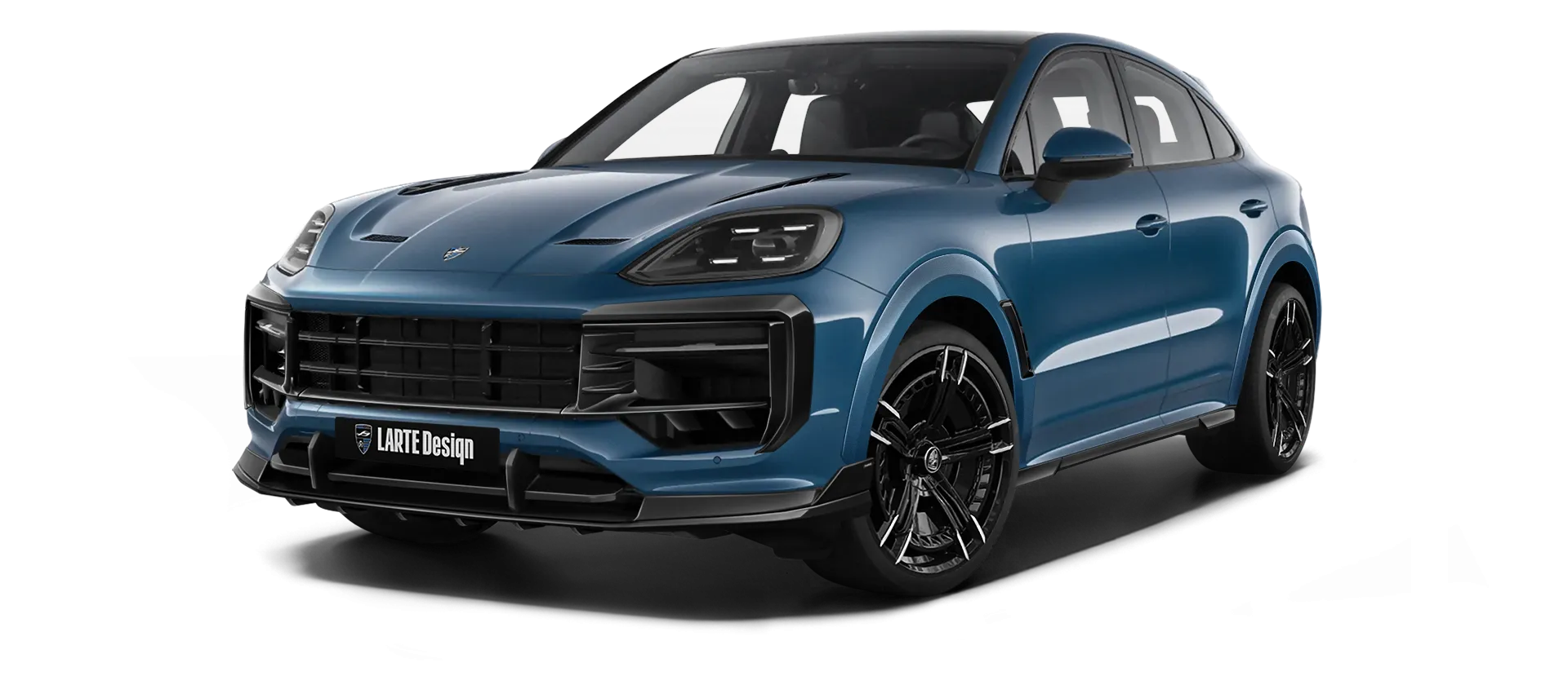 Porsche Cayenne S Coupe with painted body kit: front view shown in Montego Blue