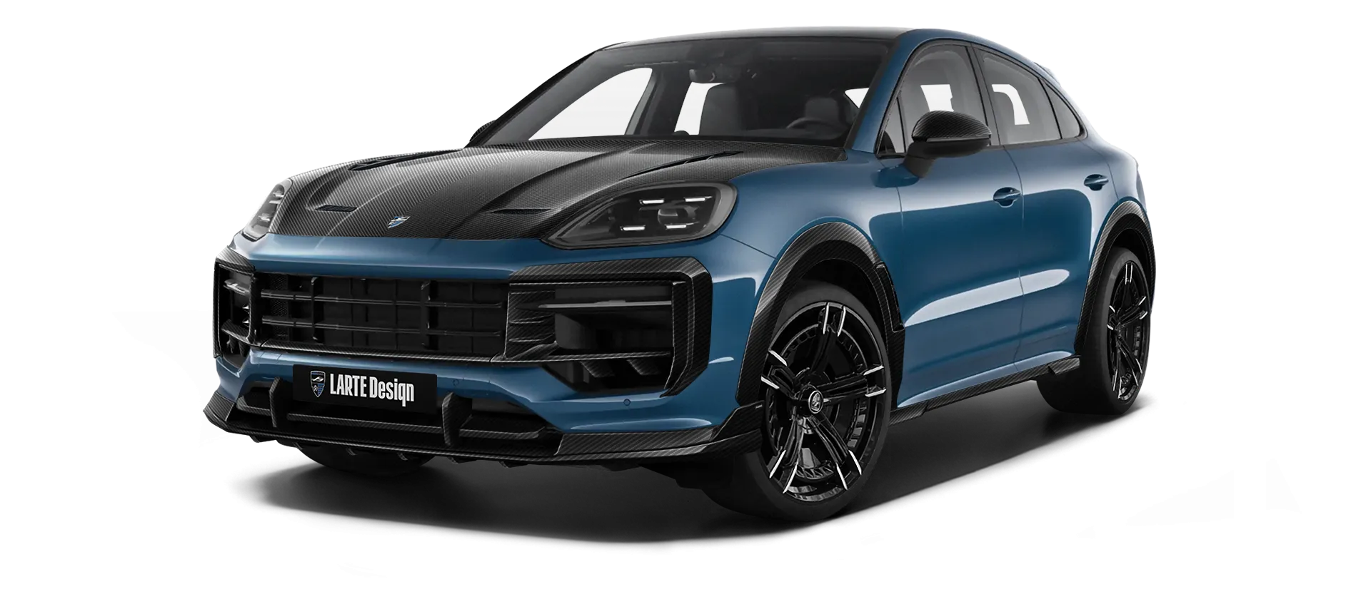 Porsche Cayenne S Coupe with carbon body kit: front view shown in Montego Blue