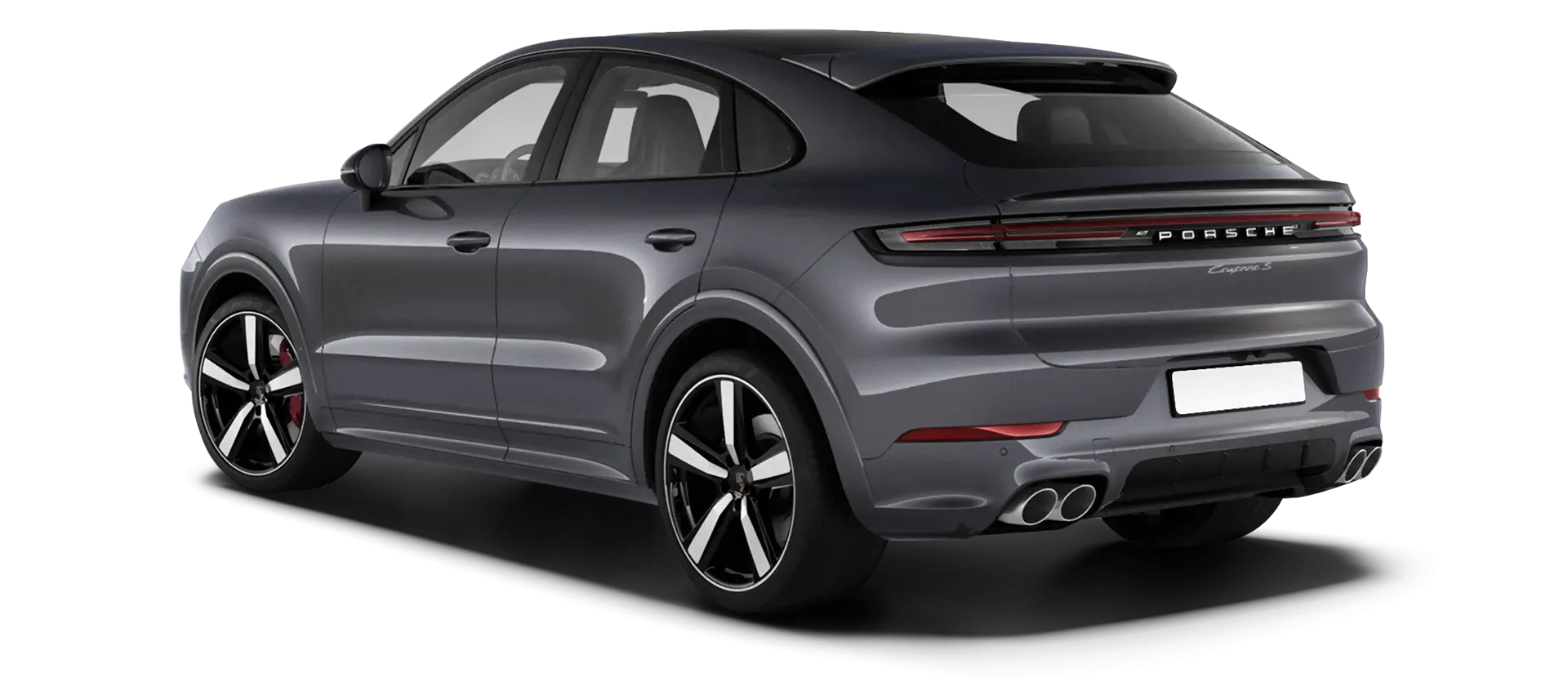 Porsche Cayenne S Coupe stock rear view in Quartz Gray color