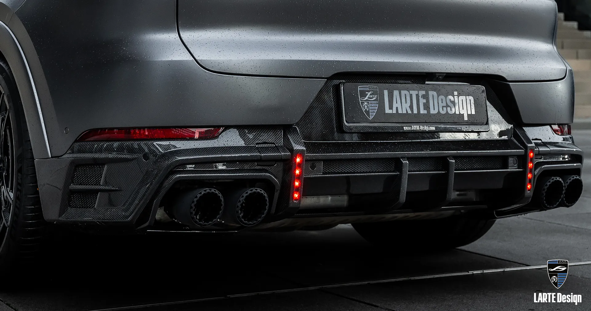 Iconic luxury car Cayenne rear diffuser by Larte Design, enhancing vehicle aesthetics and performance.