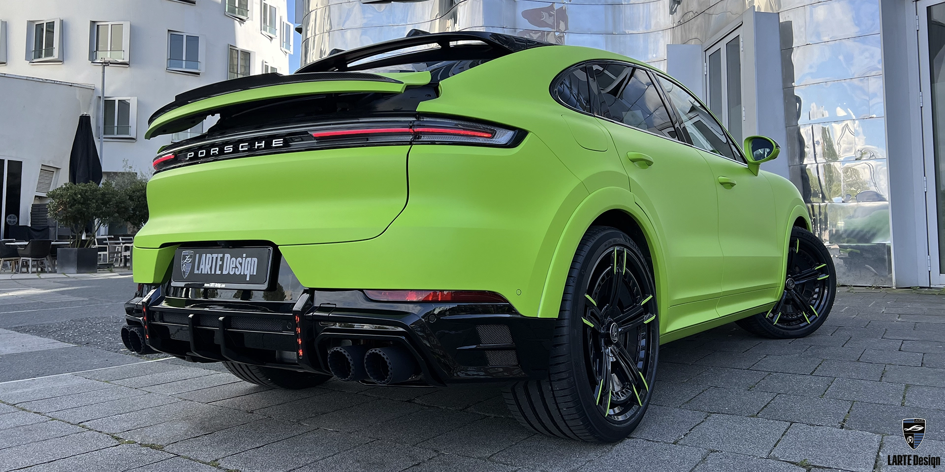 Rear Angle of Porsche Cayenne S Coupe Showcasing Carbon Fiber Body Kit by Larte Design