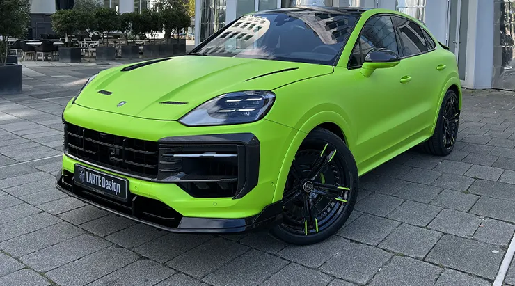 Front angle view on a Porsche Cayenne S Coupe with a body kit giving the car a custom appearance