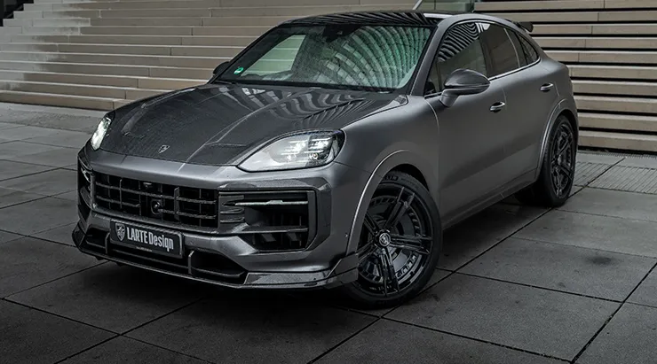 Front angle view on a Porsche Cayenne S Coupe with a body kit giving the car a custom appearance