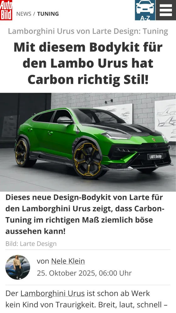 Auto Bild article about the Lamborghini Urus body kit by Larte Design