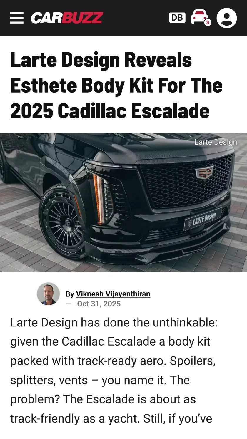 CarBuzz review of the Cadillac Escalade by Larte Design, showcasing the custom body kit and its benefits