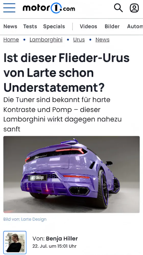 Motor 1‑Artikel über die Vorteile und das Design des URUS‑Bodykits von Larte Design