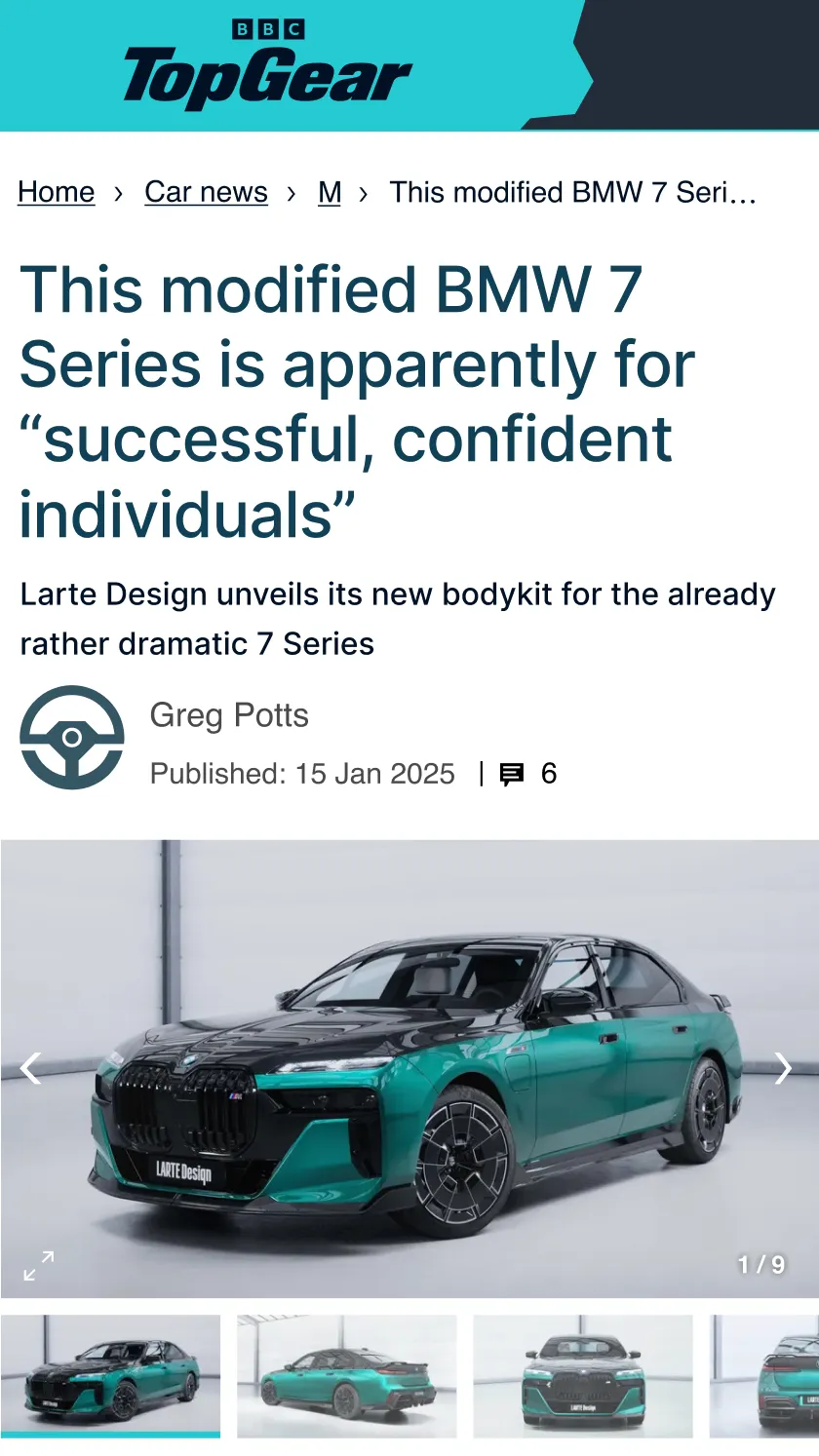 Top Gear article about the advantages and design of the BMW 7 body kit by Larte Design