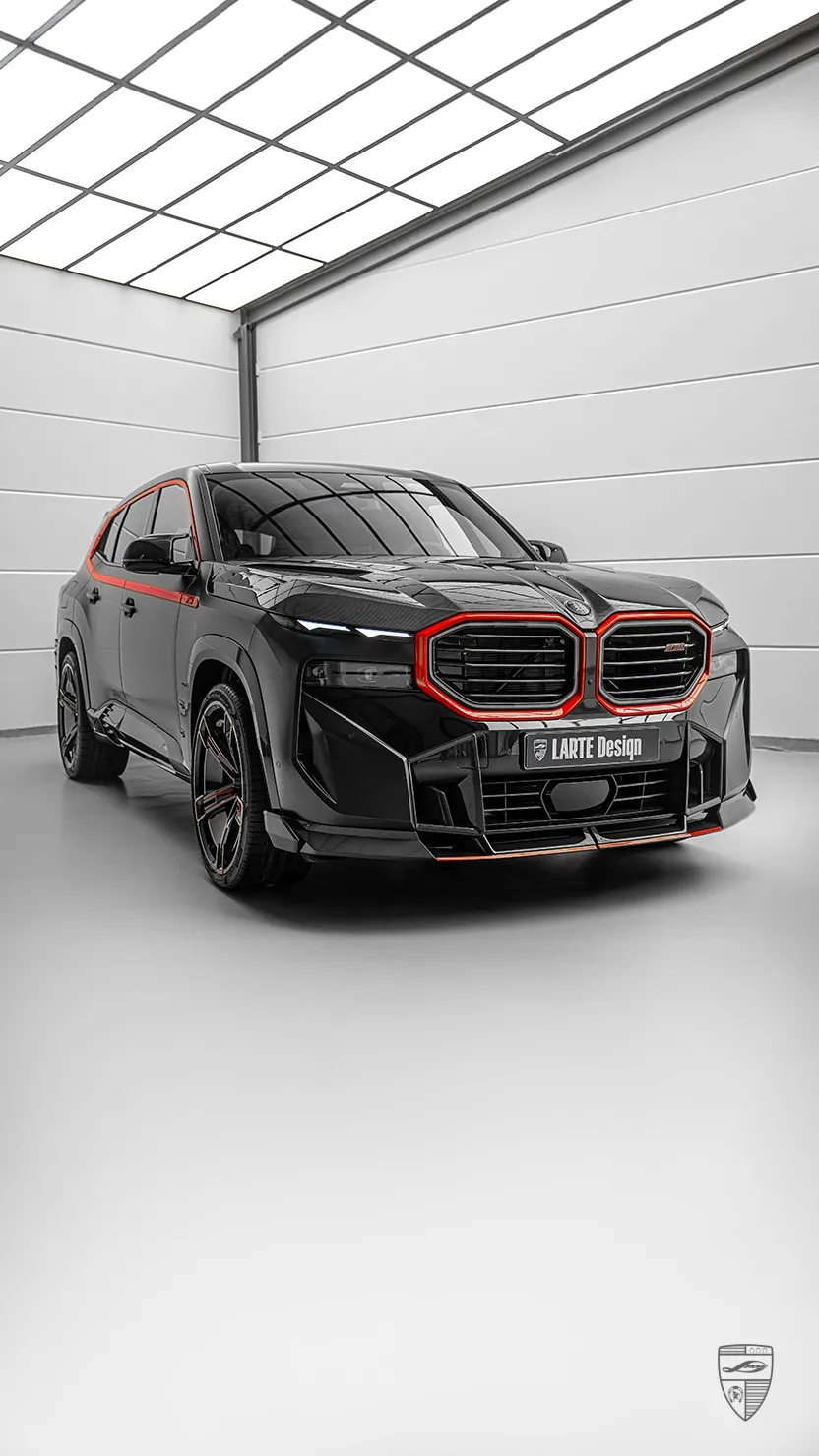 BMW XM front view with body kit and red accents by Larte Design