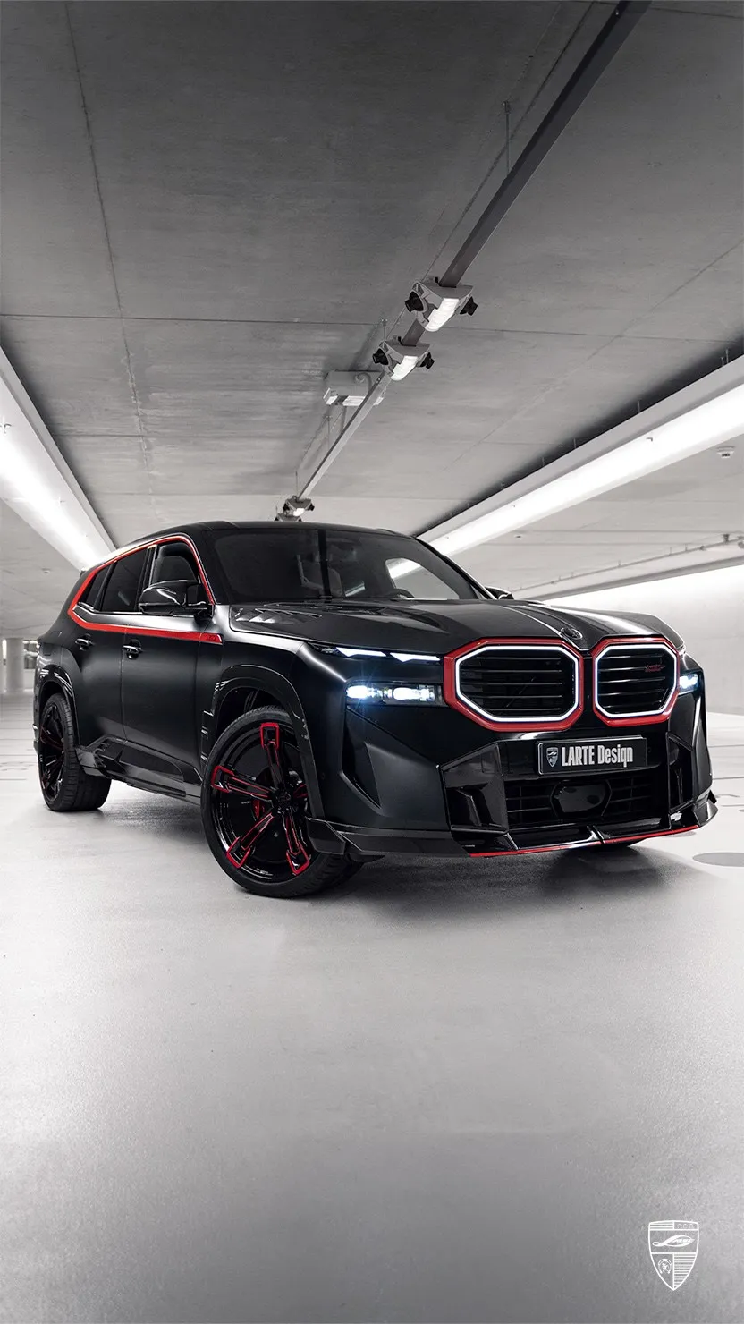 BMW XM in black color with red details in carbon bodykit by Larte Design