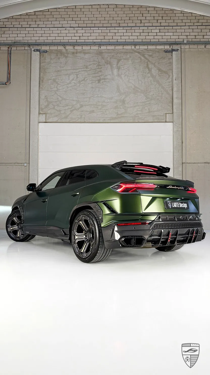 Lamborghini Urus with body kit rear view in green with aggressive styling