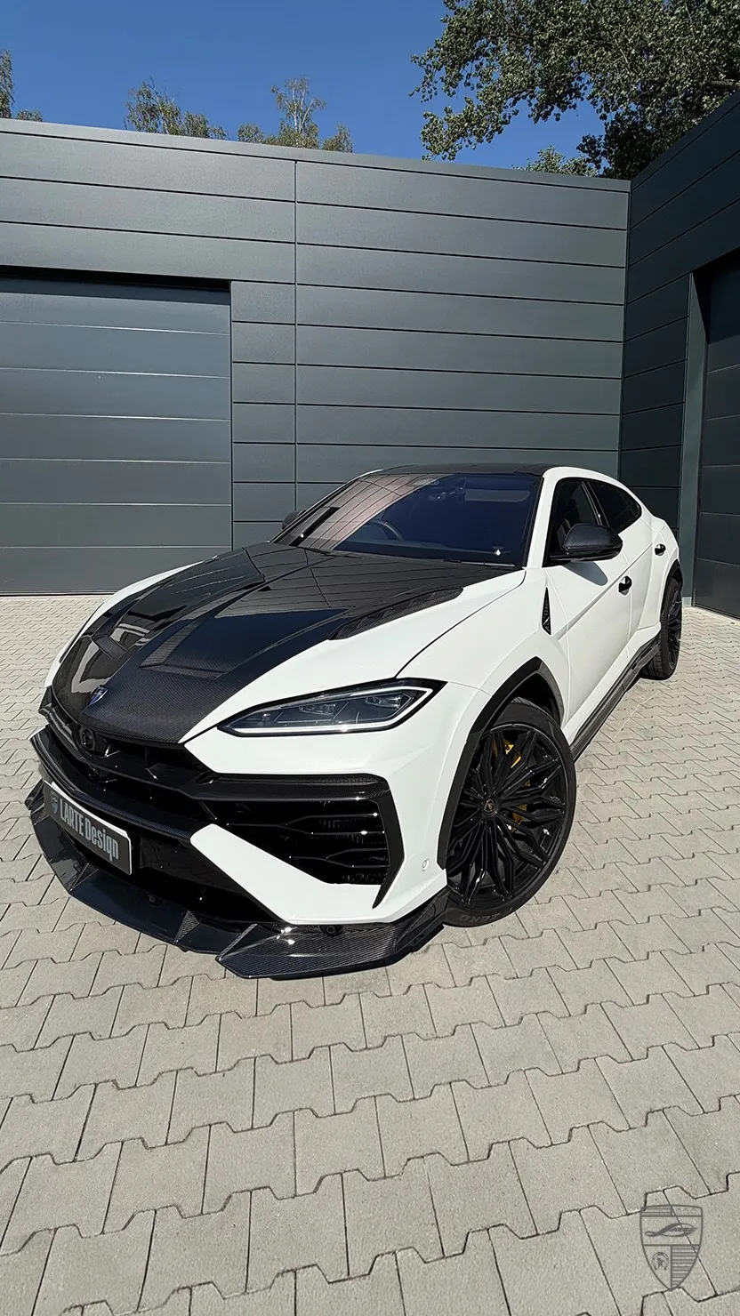 Lamborghini Urus SE in white with black hood and aggressive custom exterior styling